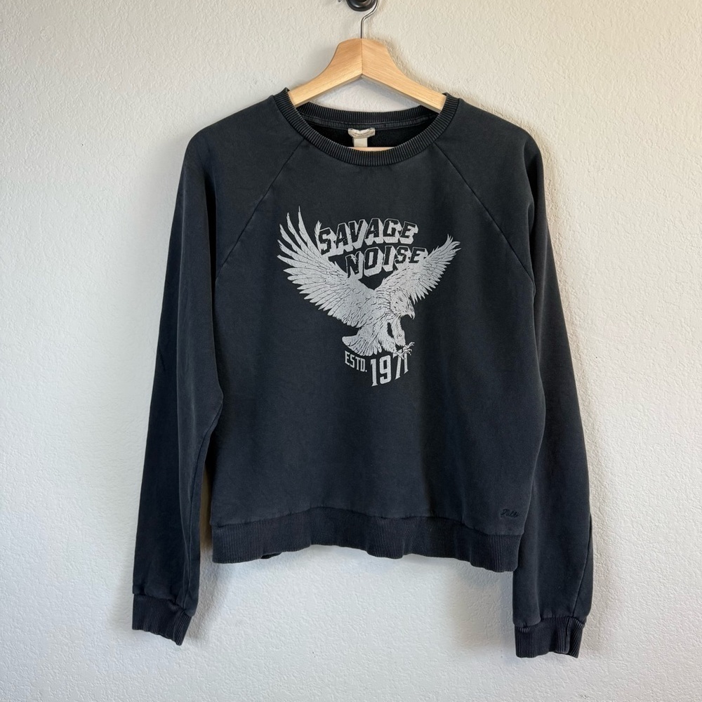Pull & Bear Fade Wash Black Crewneck Savage Noise Eagle Graphic Sweatshirt Sz LG